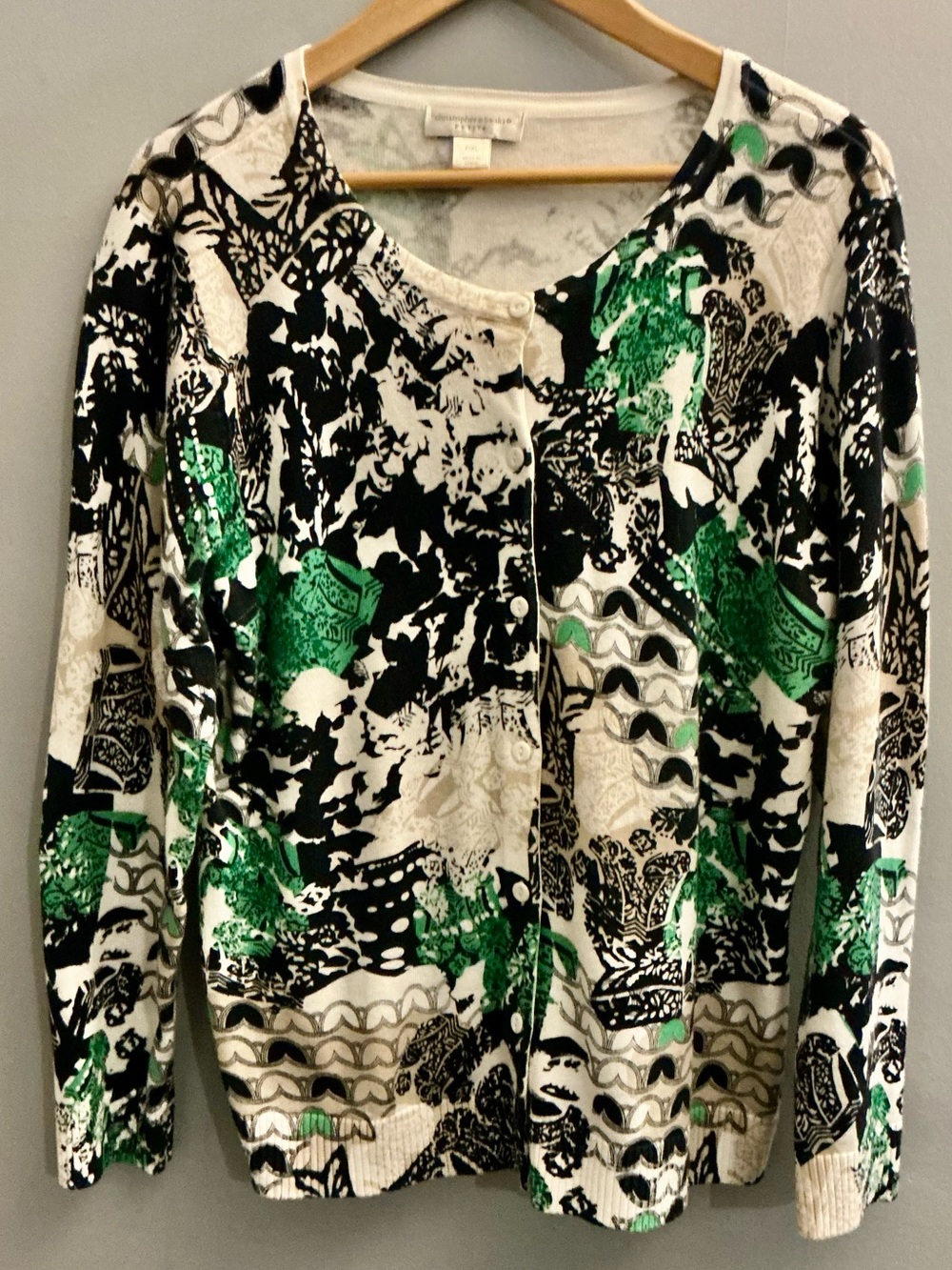 Christopher & Banks Petite XL Cardigan Green Black Abstract Print Cotton